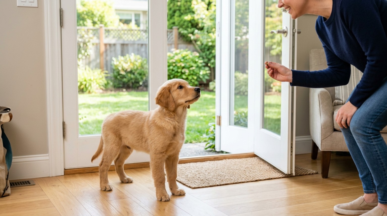 Golden Retriever puppy learning potty training near an open backyard door